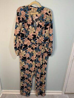Vila Floral Jumpsuit Women Size 40 Wrap Style Long Sleeve Black Pink Blue